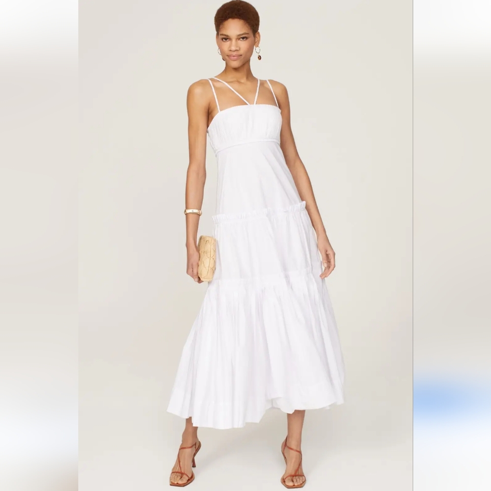 Nicholas Novi White Tiered Maxi Dress Size 2 Euro Coastal Chic